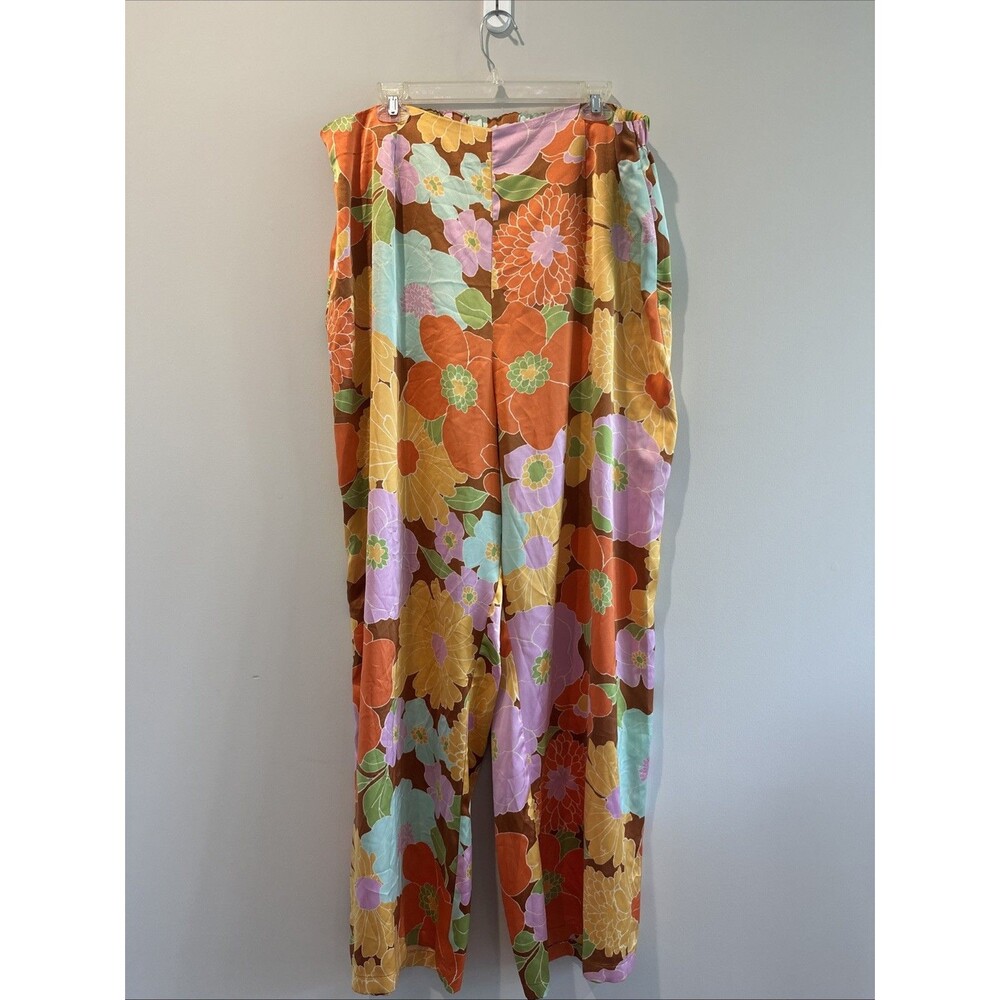 Forever 21 Plus 3X Floral Wide Leg Pants Elastic Back 70s Groovy Boho 32 Inseam